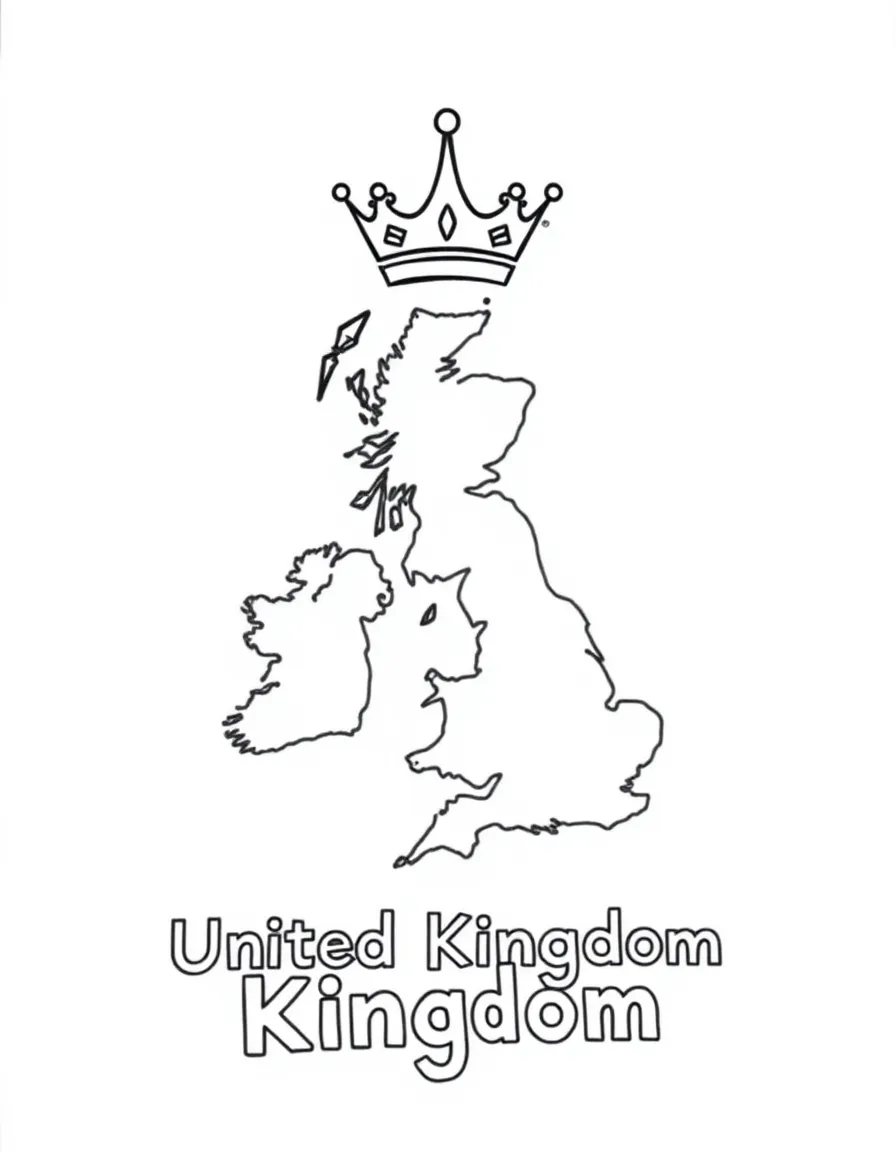 A small crown, a simple outline map of United Kingdom, and the word "United Kingdom"
