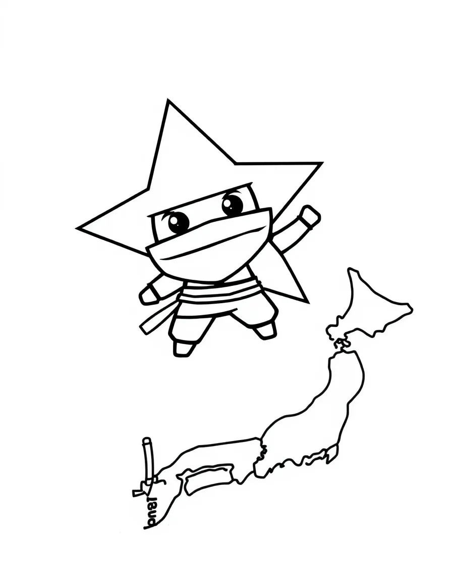 A friendly ninja star, a simple outline map of Japan, and the word "Japan"