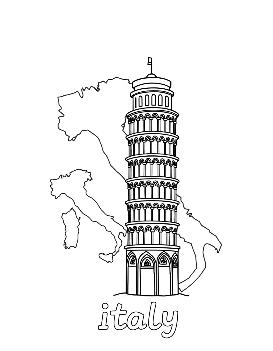 A cute leaning tower, a simple outline map of Italy, and the word "Italy"