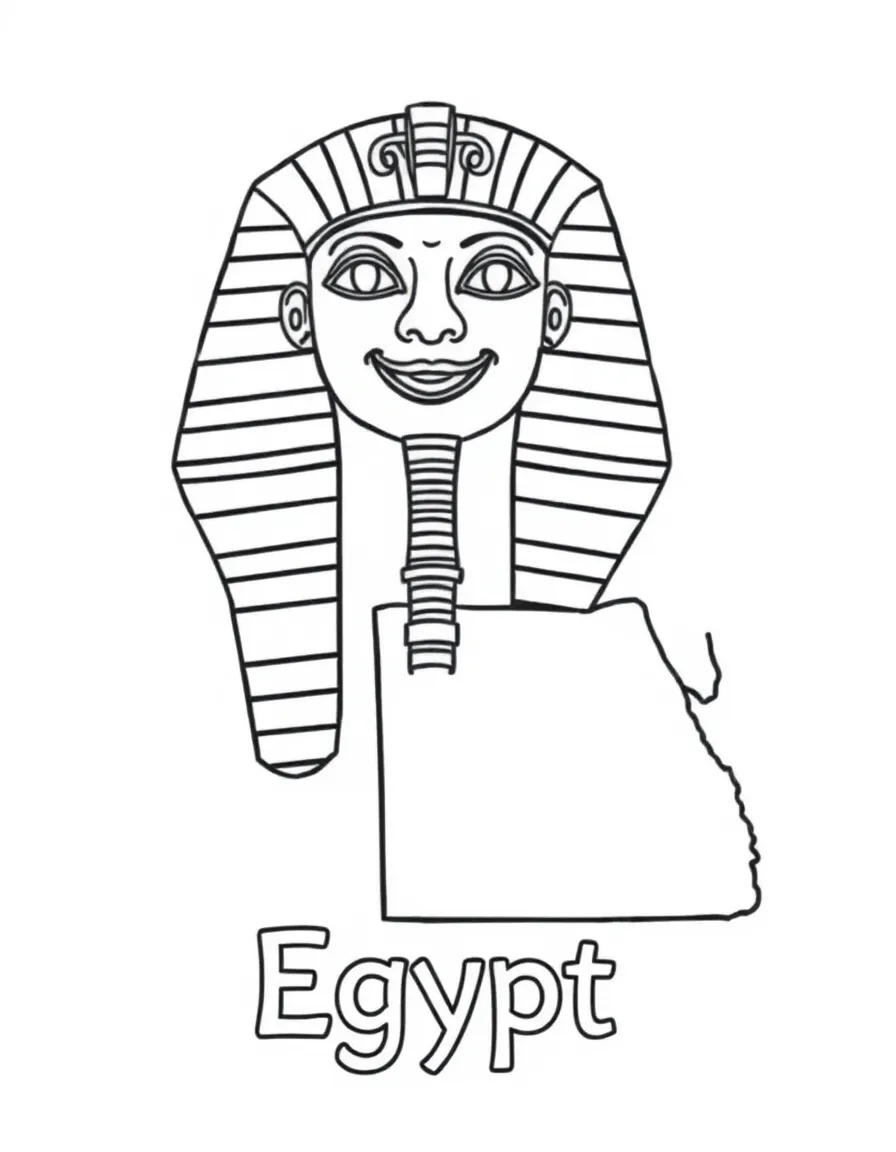A happy pharaoh mask, a simple outline map of Egypt, and the word "Egypt"
