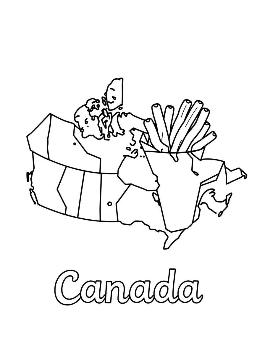 A friendly poutine, a simple outline map of Canada, and the word "Canada"