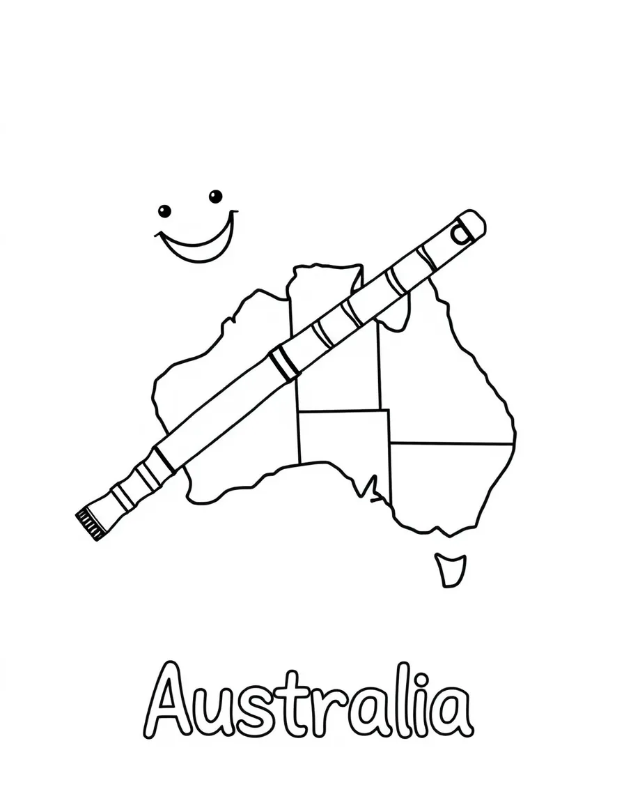 A happy didgeridoo, a simple outline map of Australia, and the word "Australia"
