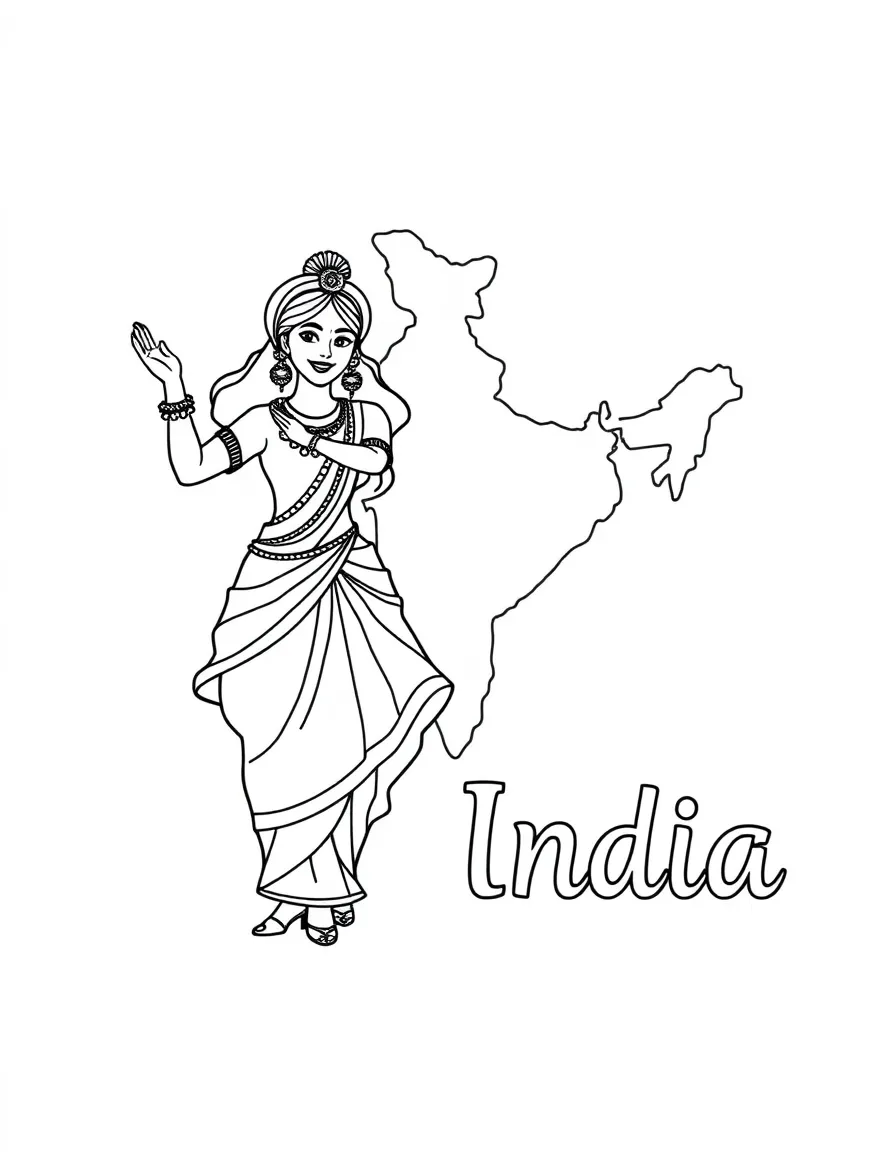 A friendly Bollywood dancer, a simple outline map of India, and the word "India"