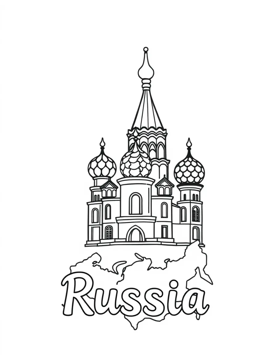 A happy onion dome, a simple outline map of Russia, and the word "Russia"
