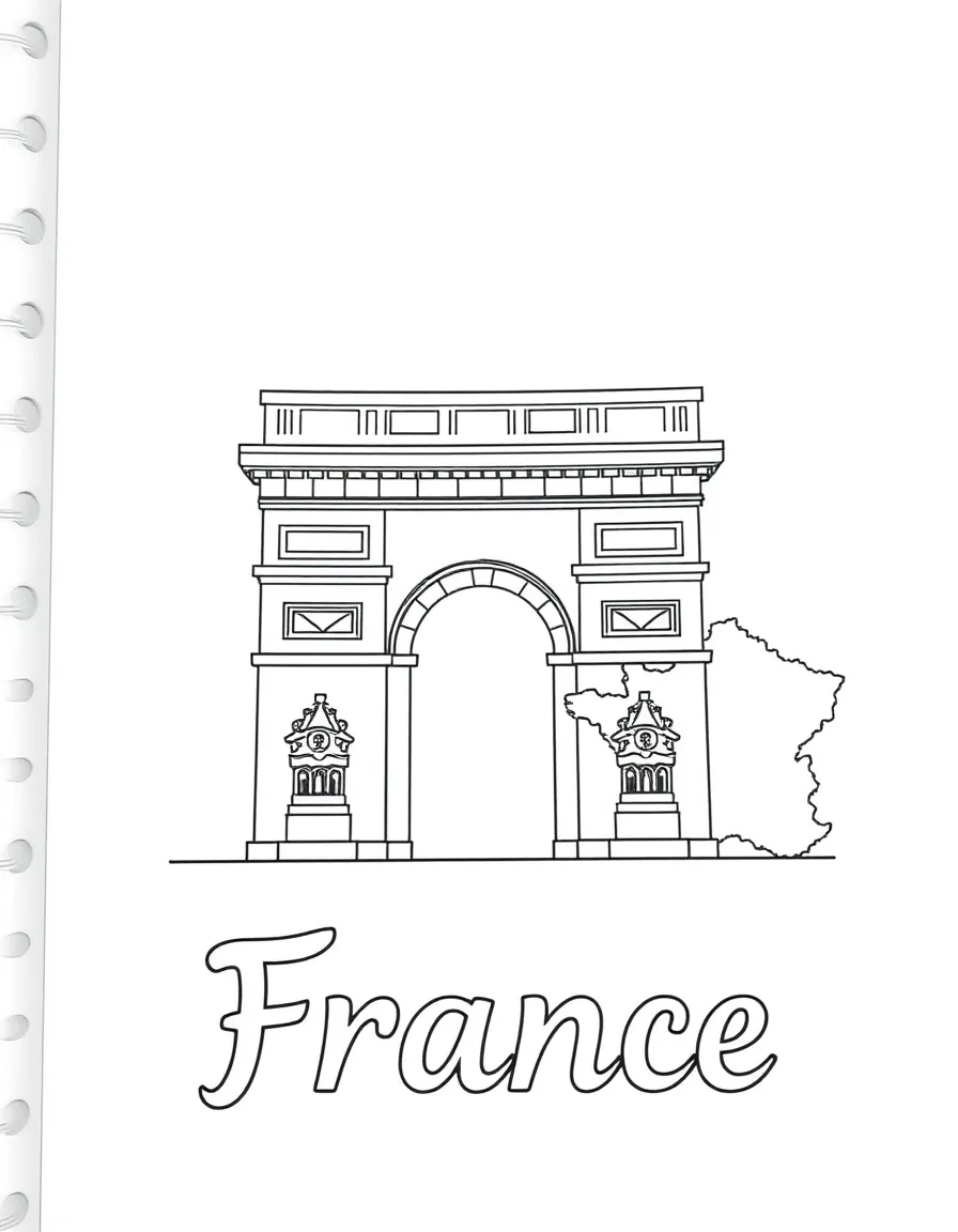 A small Arc de Triomphe, a simple outline map of France, and the word "France"