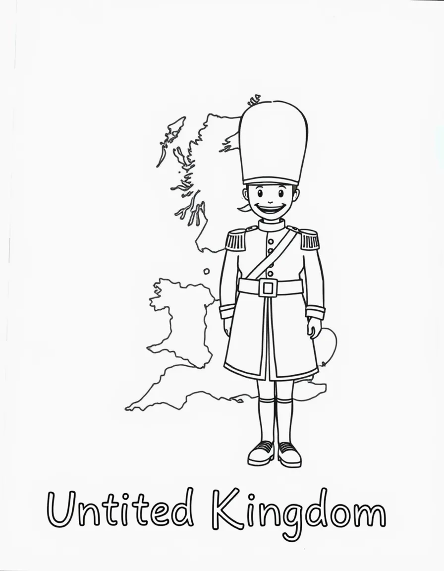 A friendly guard, a simple outline map of United Kingdom, and the word "United Kingdom"