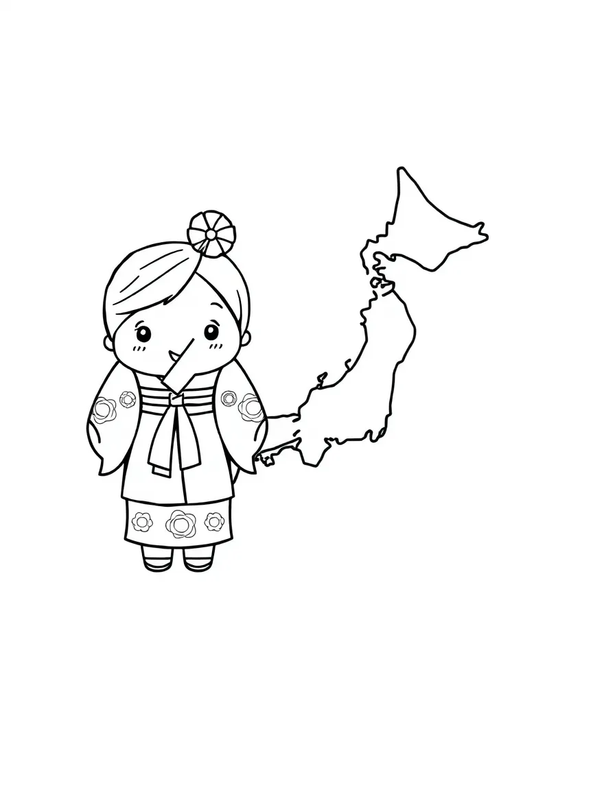 A cute kimono, a simple outline map of Japan, and the word "Japan"