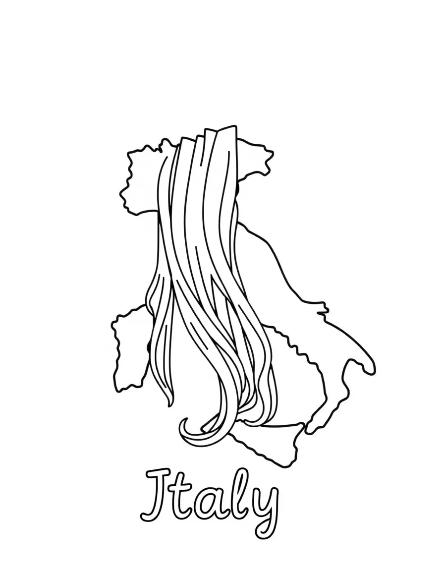 A happy spaghetti, a simple outline map of Italy, and the word "Italy"