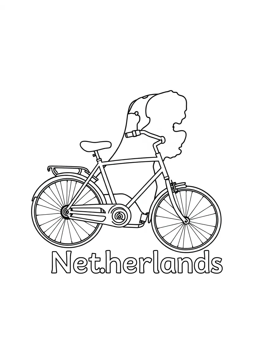 A friendly bicycle, a simple outline map of Netherlands, and the word "Netherlands"