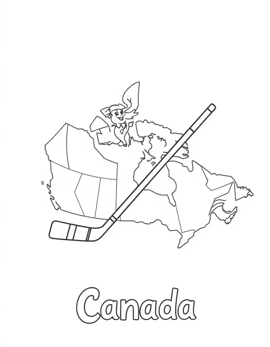 A cute hockey stick, a simple outline map of Canada, and the word "Canada"