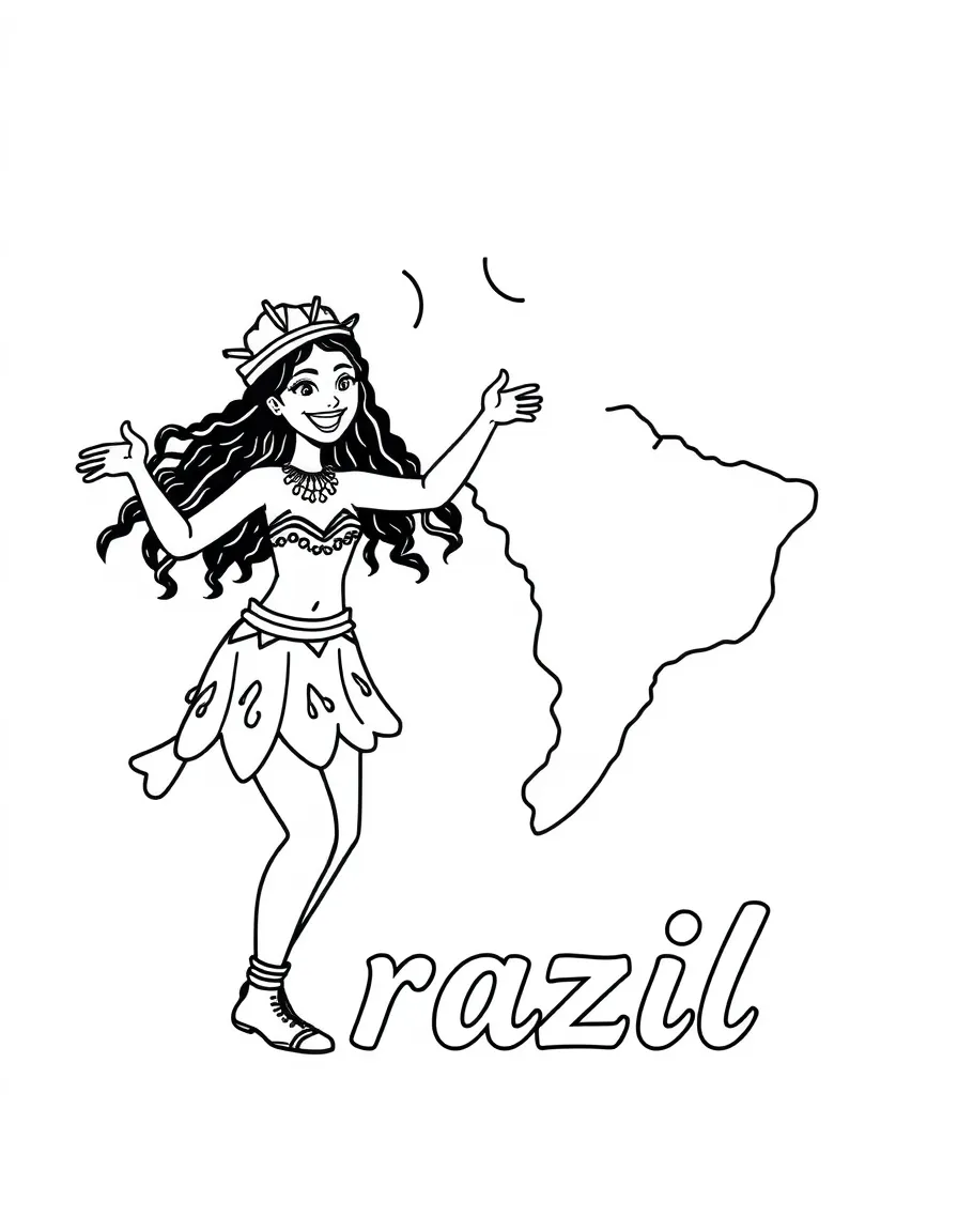 A happy samba dancer, a simple outline map of Brazil, and the word "Brazil"