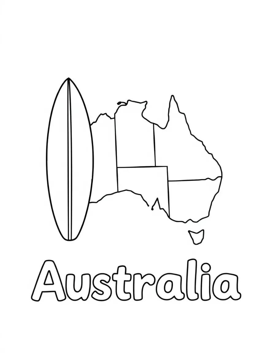 A small surf board, a simple outline map of Australia, and the word "Australia"