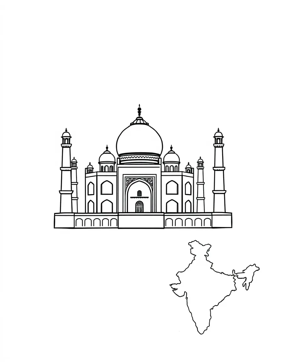 A cute Taj Mahal, a simple outline map of India, and the word "India"
