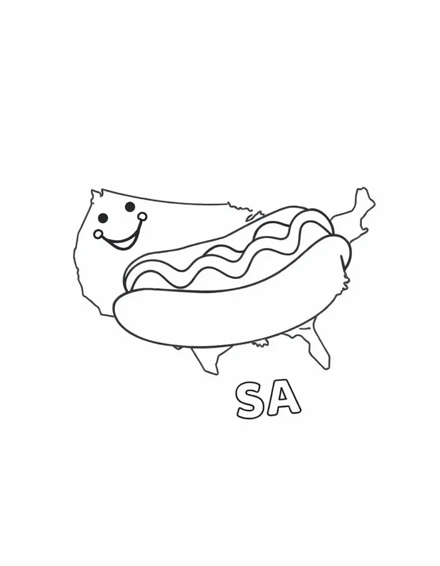 A happy hot dog, a simple outline map of USA, and the word "USA"