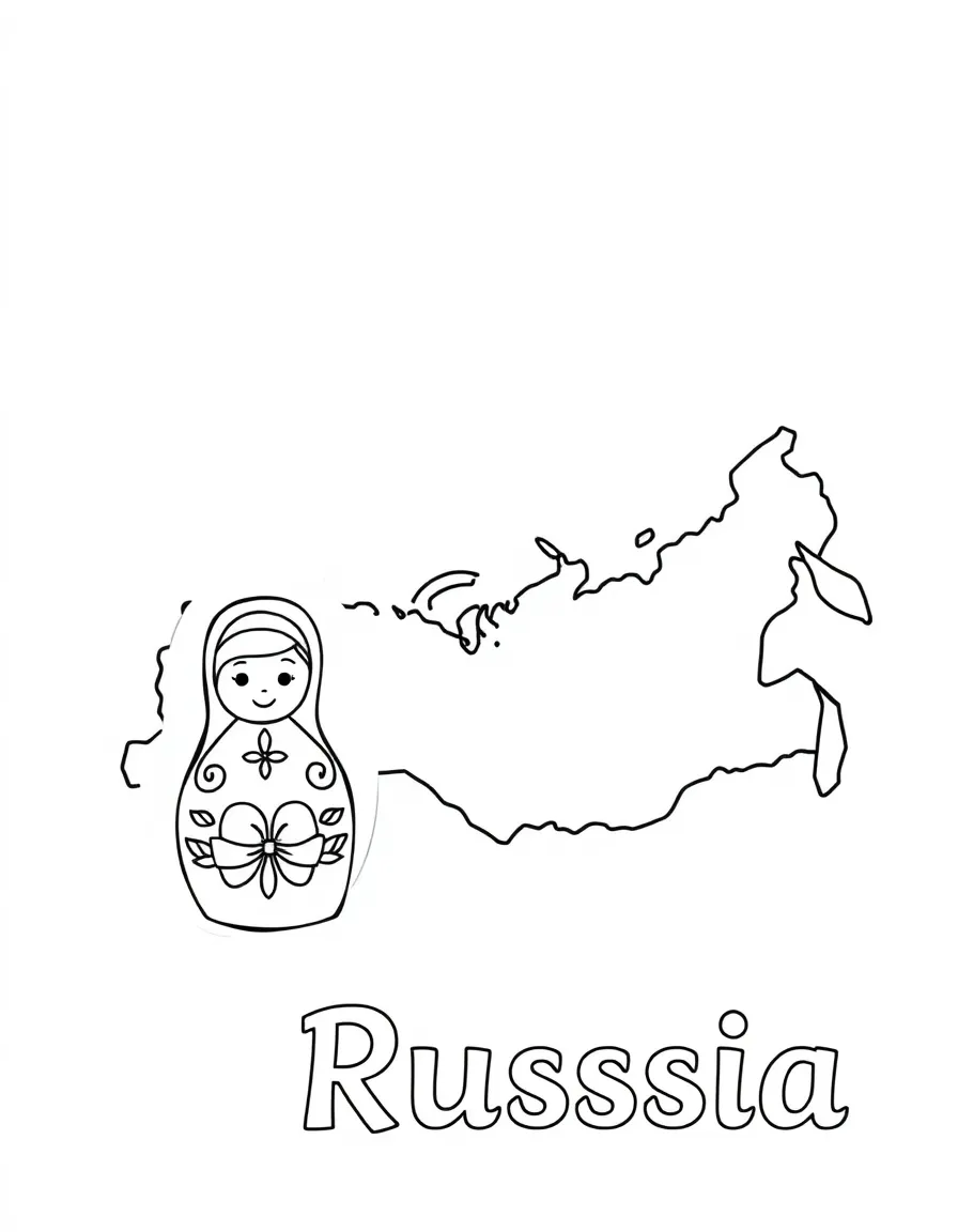 A small nesting doll, a simple outline map of Russia, and the word "Russia"