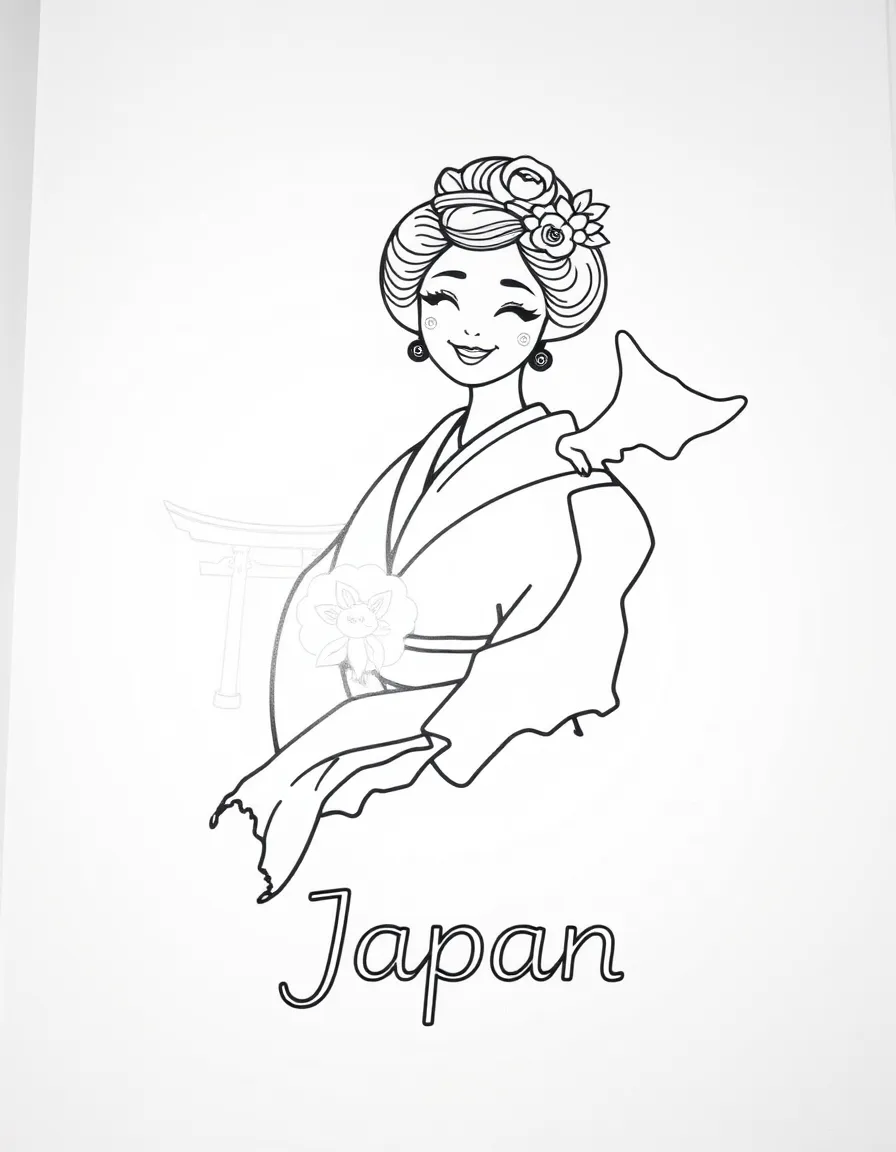 A happy geisha, a simple outline map of Japan, and the word "Japan"