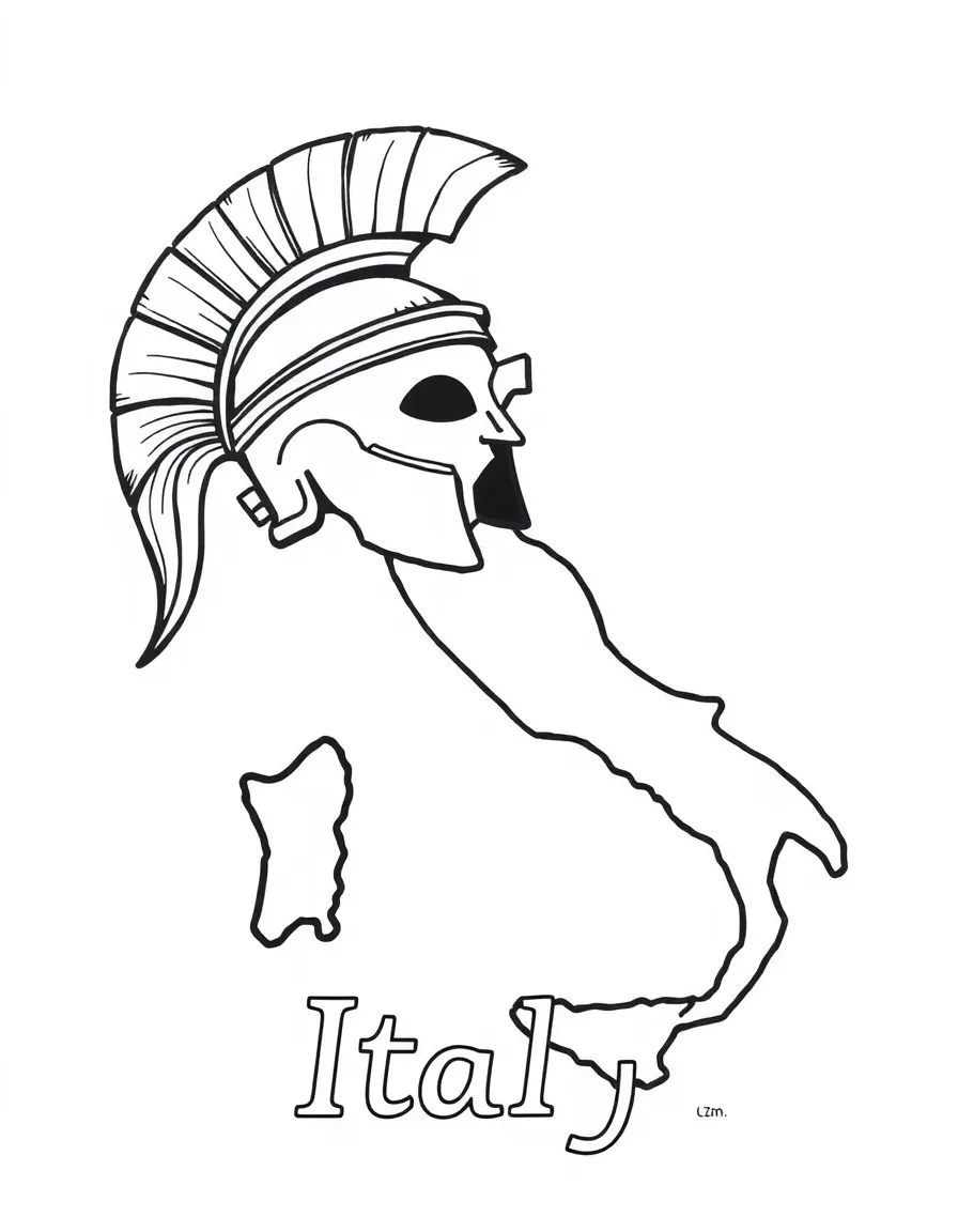 A small Roman helmet, a simple outline map of Italy, and the word "Italy"