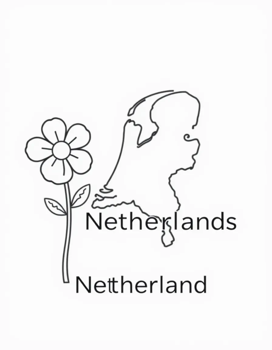 A cute flower, a simple outline map of Netherlands, and the word "Netherlands"