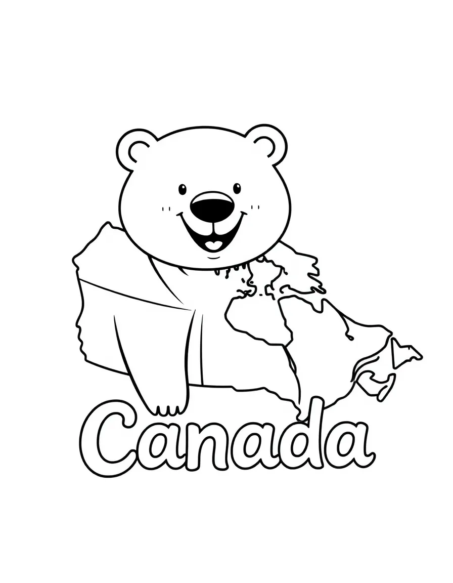 A happy polar bear, a simple outline map of Canada, and the word "Canada"