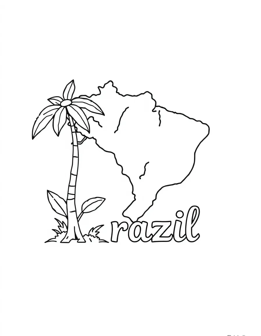 A small rainforest tree, a simple outline map of Brazil, and the word "Brazil"
