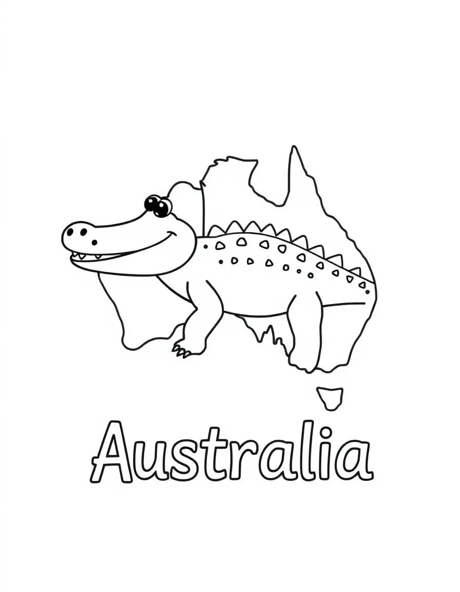 A friendly crocodile, a simple outline map of Australia, and the word "Australia"