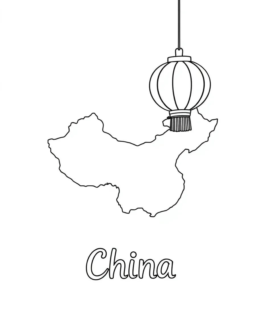 A cute lantern, a simple outline map of China, and the word "China"