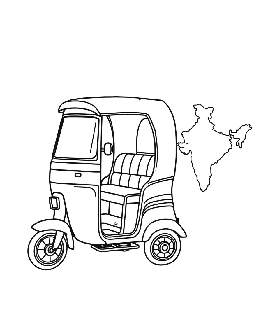 A happy rickshaw, a simple outline map of India, and the word "India"