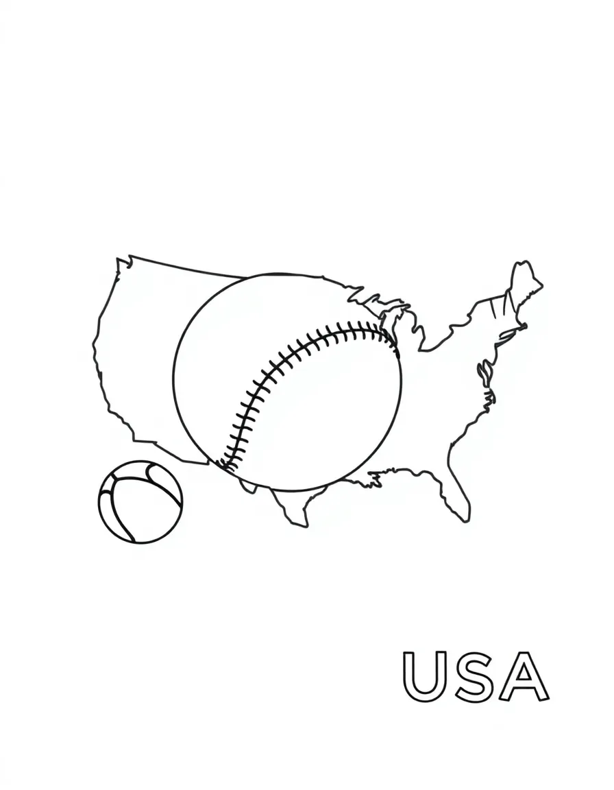 A small baseball, a simple outline map of USA, and the word "USA"