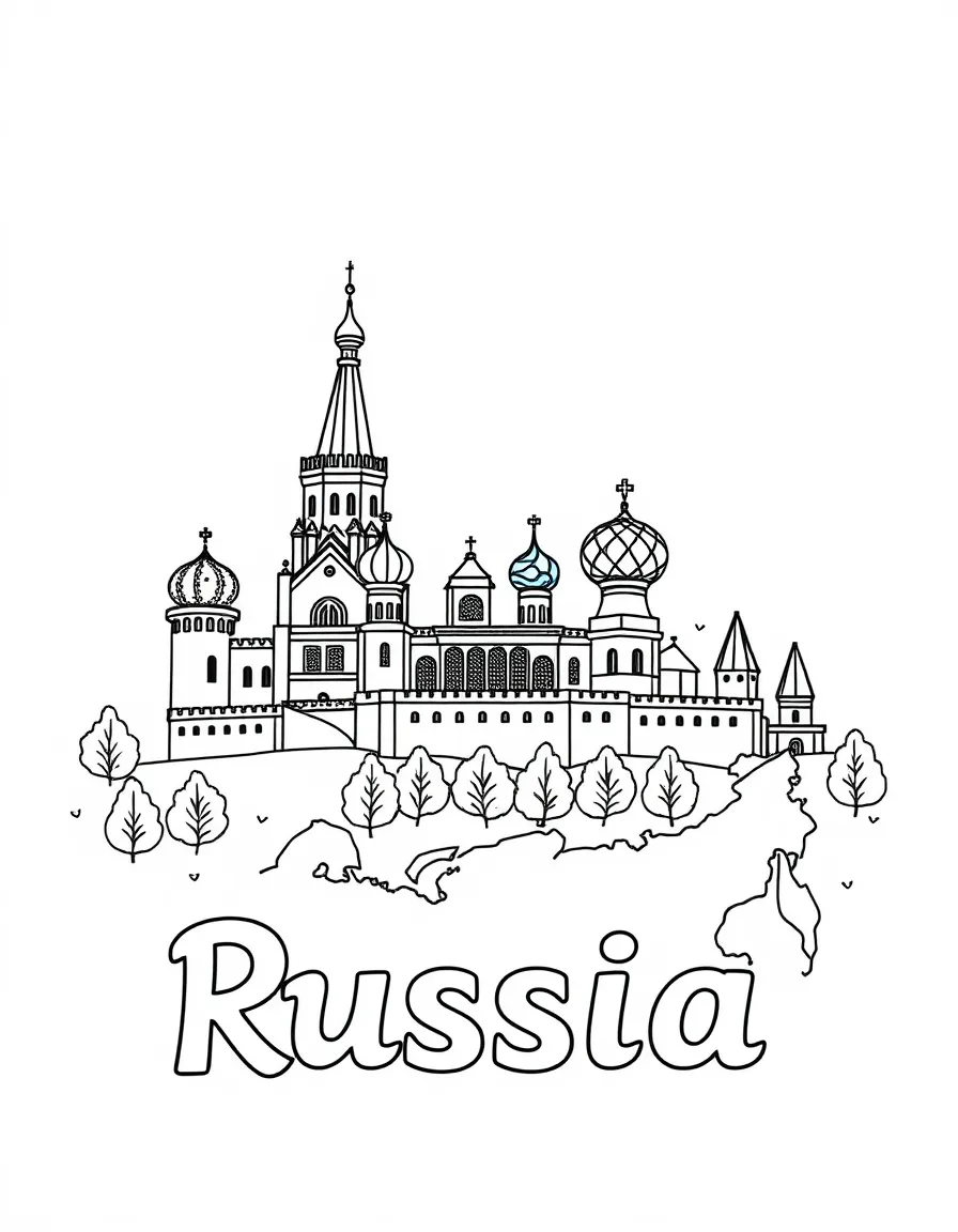 A friendly Kremlin, a simple outline map of Russia, and the word "Russia"