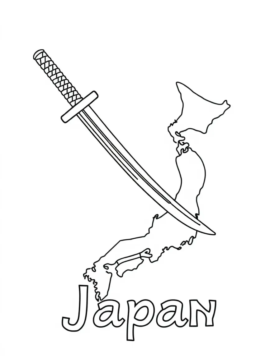 A small samurai sword, a simple outline map of Japan, and the word "Japan"