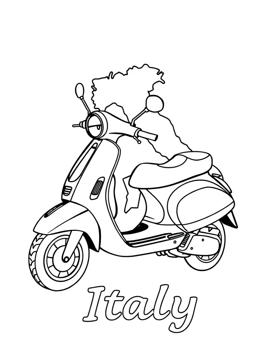A friendly Vespa, a simple outline map of Italy, and the word "Italy"