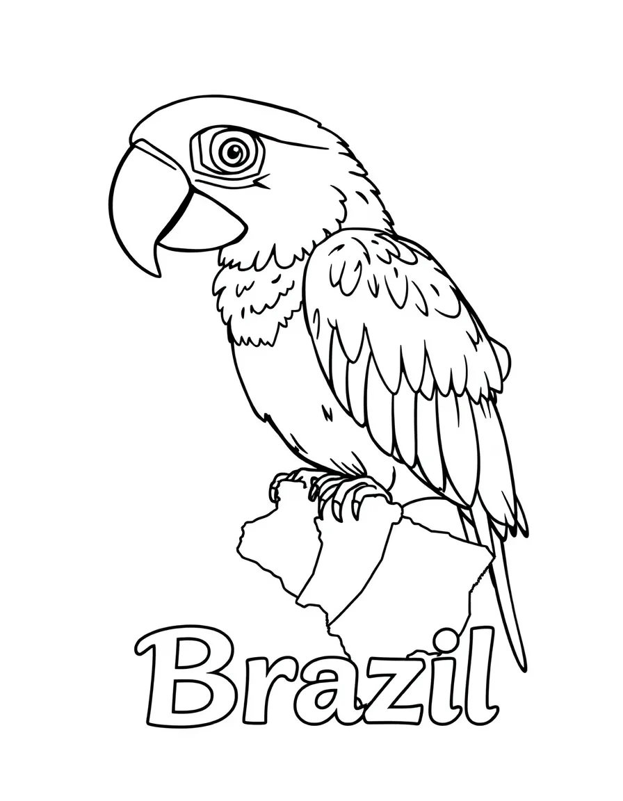 A friendly macaw, a simple outline map of Brazil, and the word "Brazil"