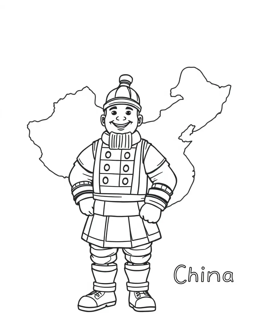 A happy terracotta warrior, a simple outline map of China, and the word "China"