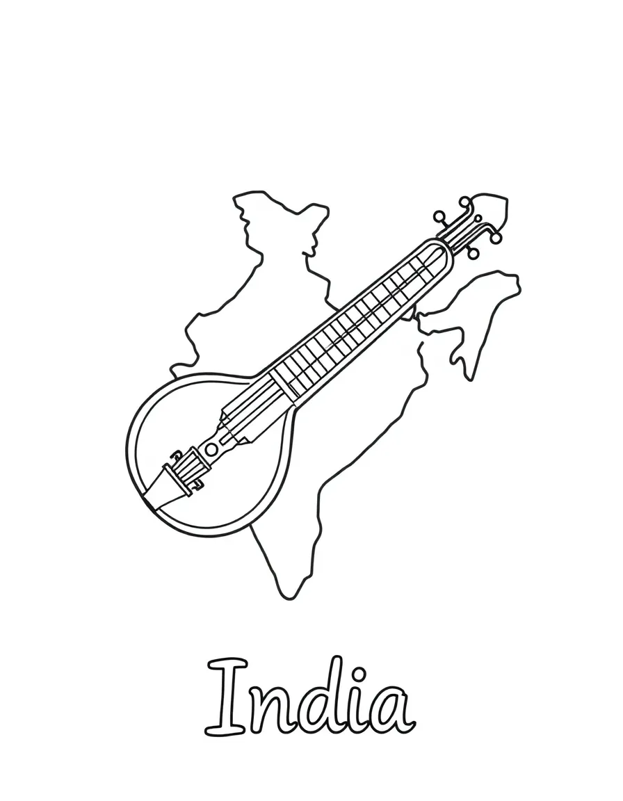 A small sitar, a simple outline map of India, and the word "India"