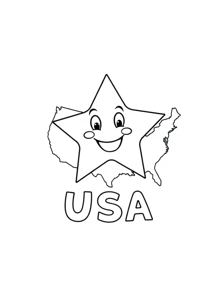 A friendly Hollywood star, a simple outline map of USA, and the word "USA"