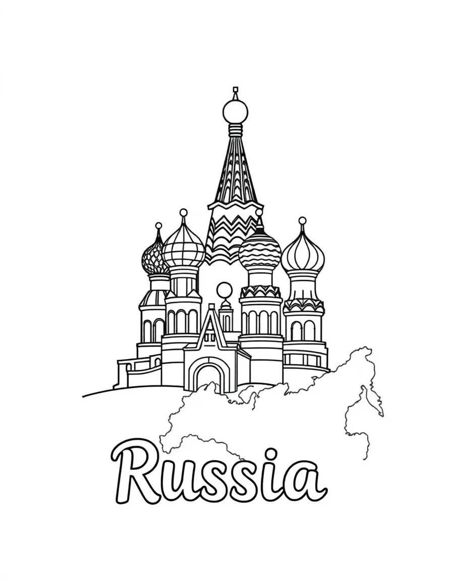 A cute St. Basil's Cathedral, a simple outline map of Russia, and the word "Russia"