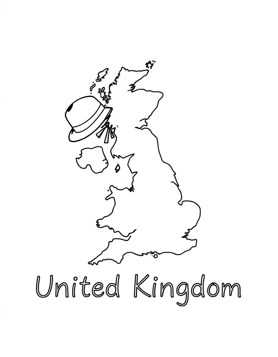 A small bowler hat, a simple outline map of United Kingdom, and the word "United Kingdom"