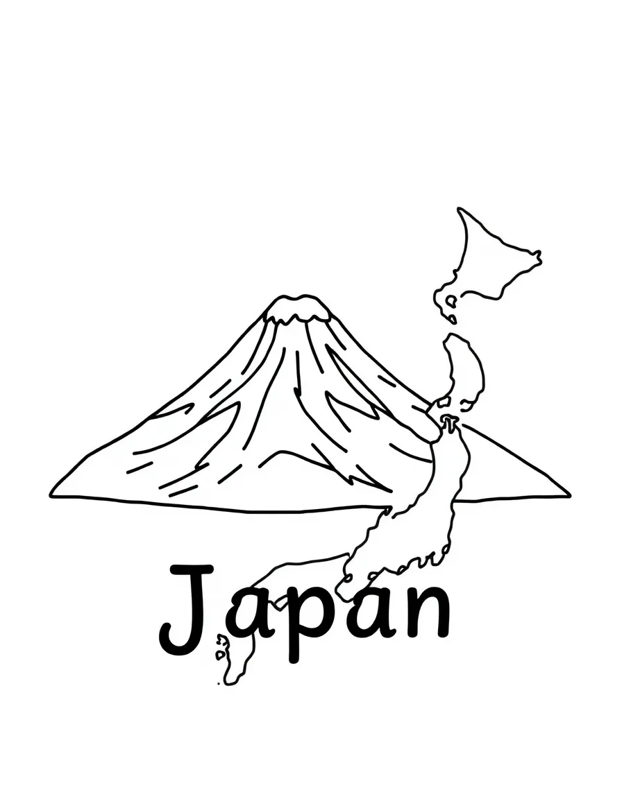 A friendly Mount Fuji, a simple outline map of Japan, and the word "Japan"