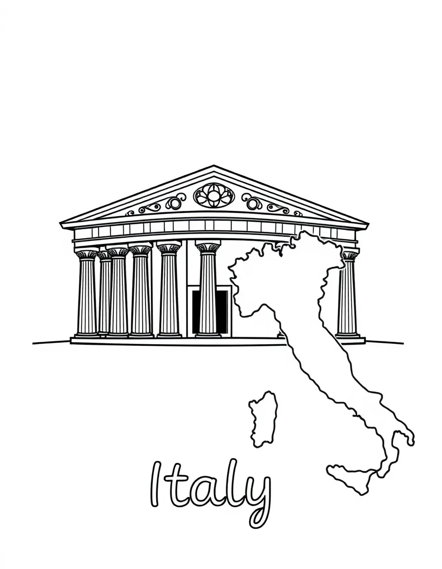 A cute Pantheon, a simple outline map of Italy, and the word "Italy"