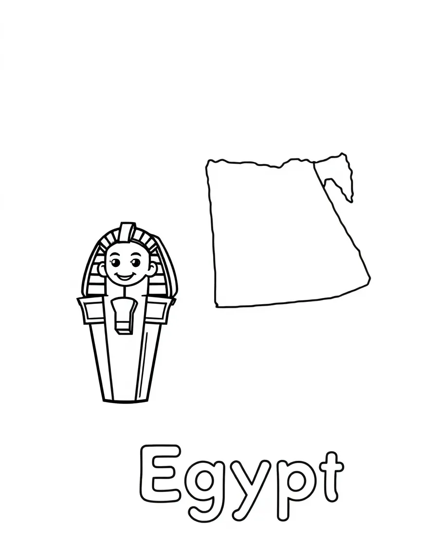 A happy sarcophagus, a simple outline map of Egypt, and the word "Egypt"