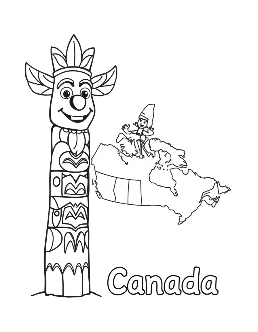 A friendly totem pole, a simple outline map of Canada, and the word "Canada"