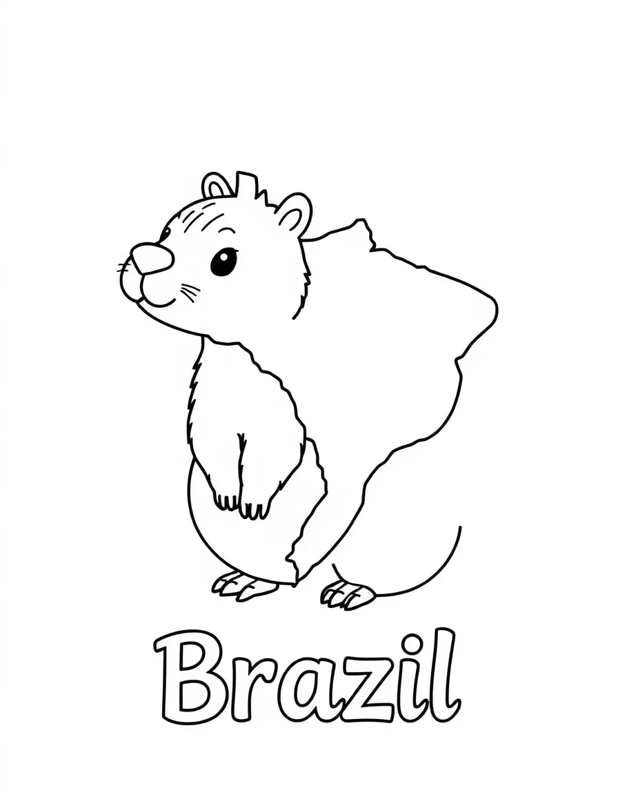 A cute capybara, a simple outline map of Brazil, and the word "Brazil"