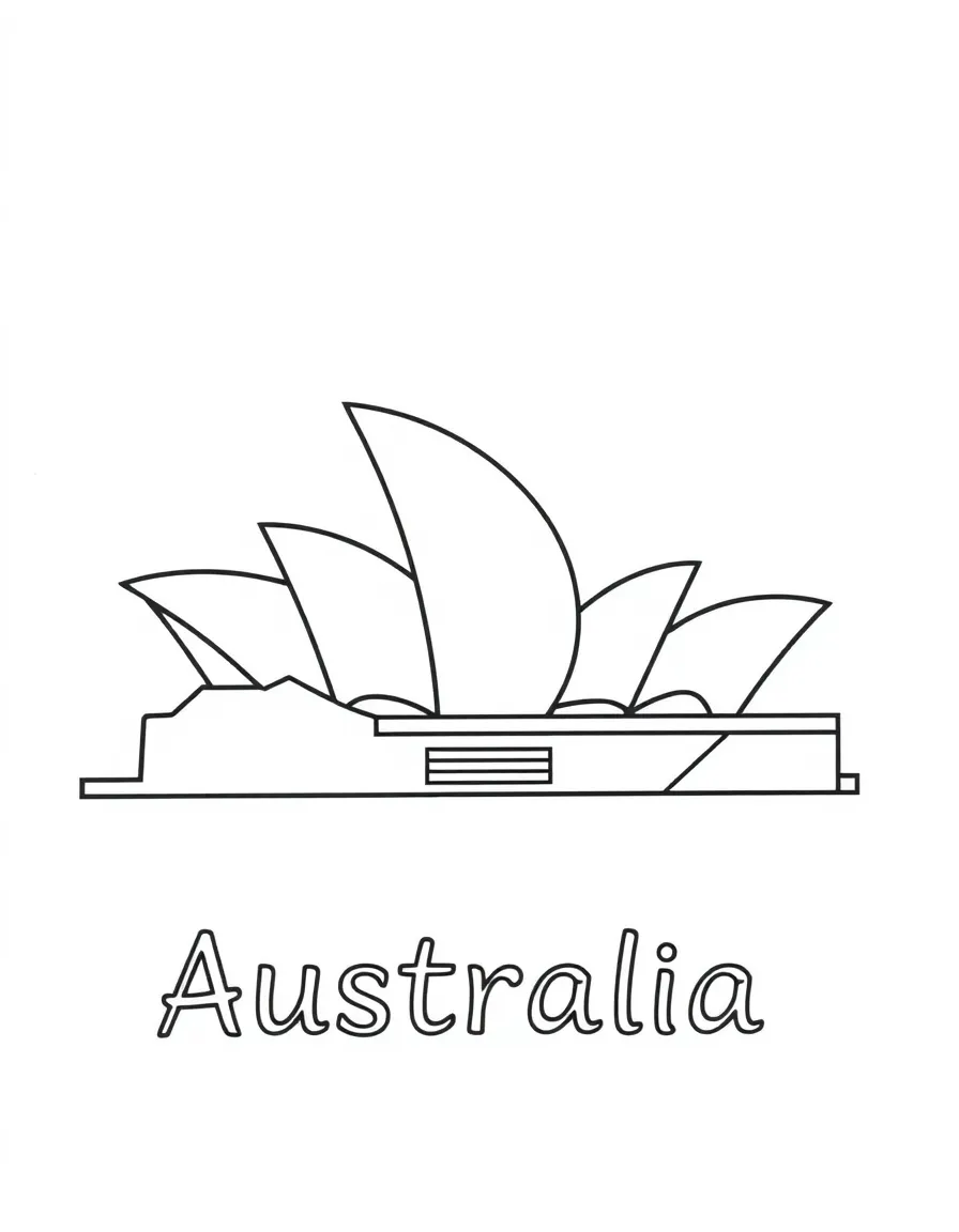 A happy Sydney Opera House, a simple outline map of Australia, and the word "Australia"