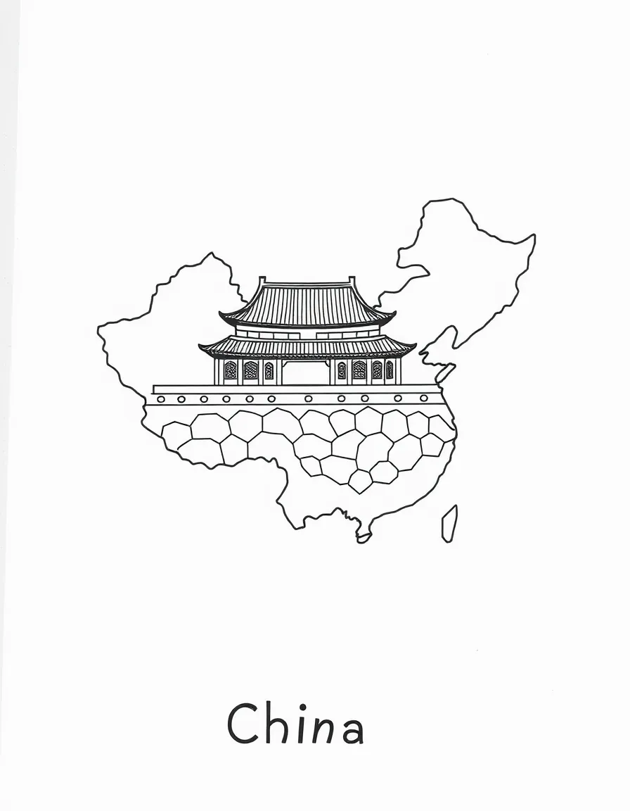 A small Forbidden City, a simple outline map of China, and the word "China"
