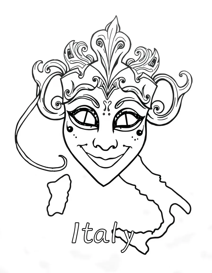 A happy Venetian mask, a simple outline map of Italy, and the word "Italy"