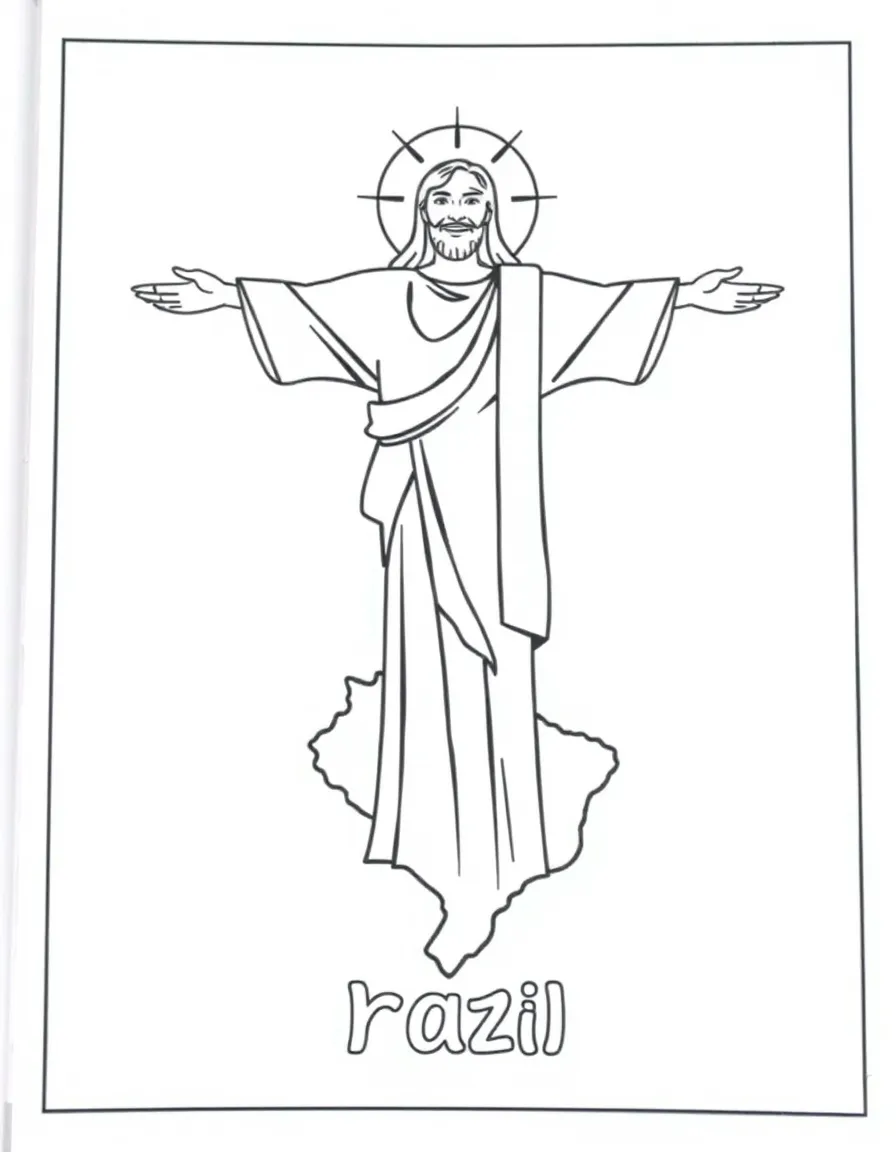 A happy Christ the Redeemer, a simple outline map of Brazil, and the word "Brazil"
