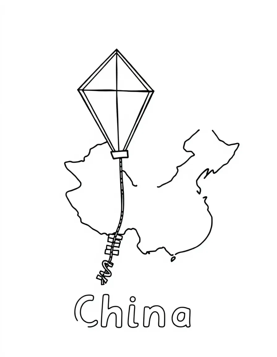 A friendly kite, a simple outline map of China, and the word "China"