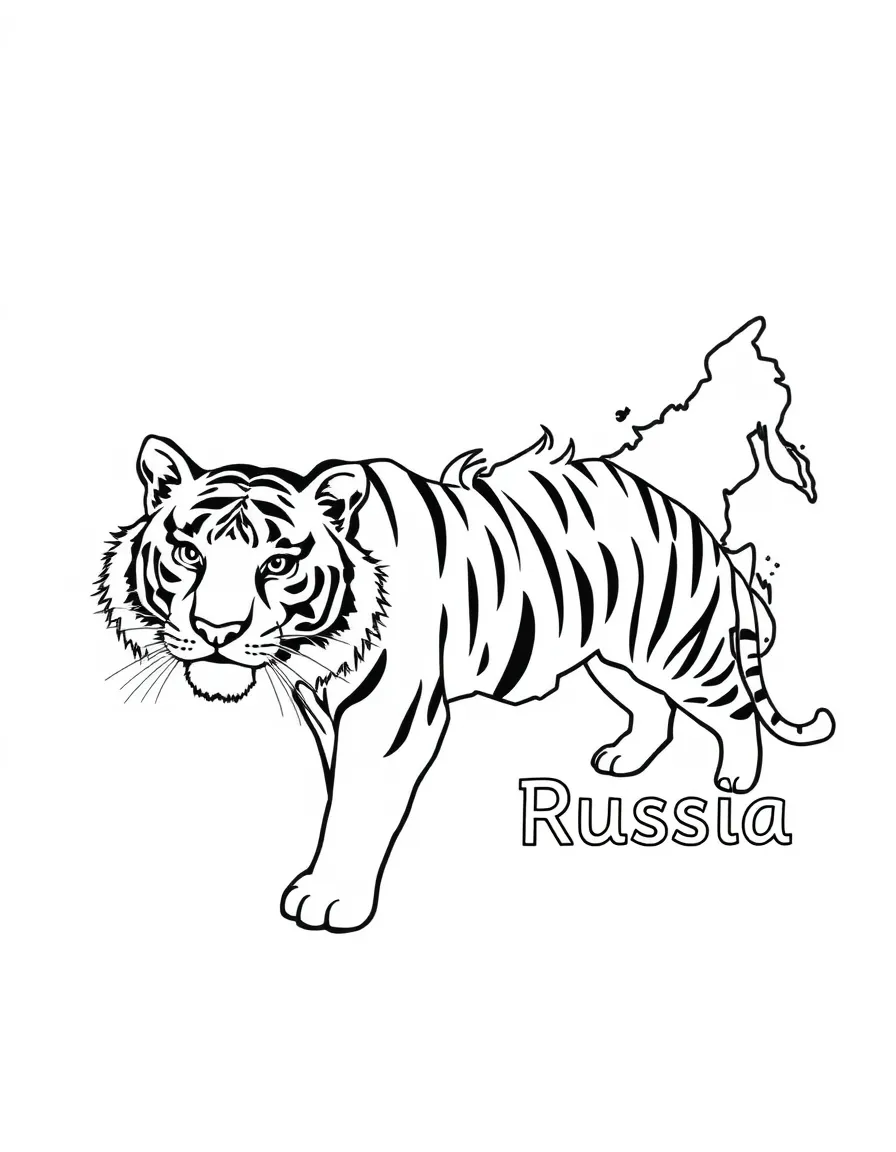 A small Siberian tiger, a simple outline map of Russia, and the word "Russia"