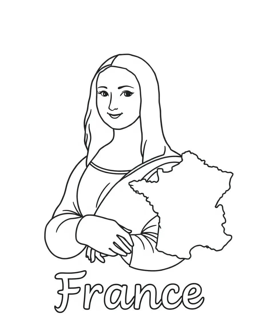 A friendly Mona Lisa, a simple outline map of France, and the word "France"