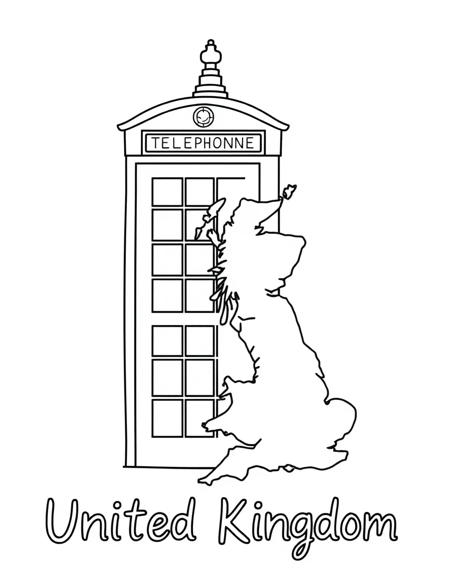 A cute telephone booth, a simple outline map of United Kingdom, and the word "United Kingdom"